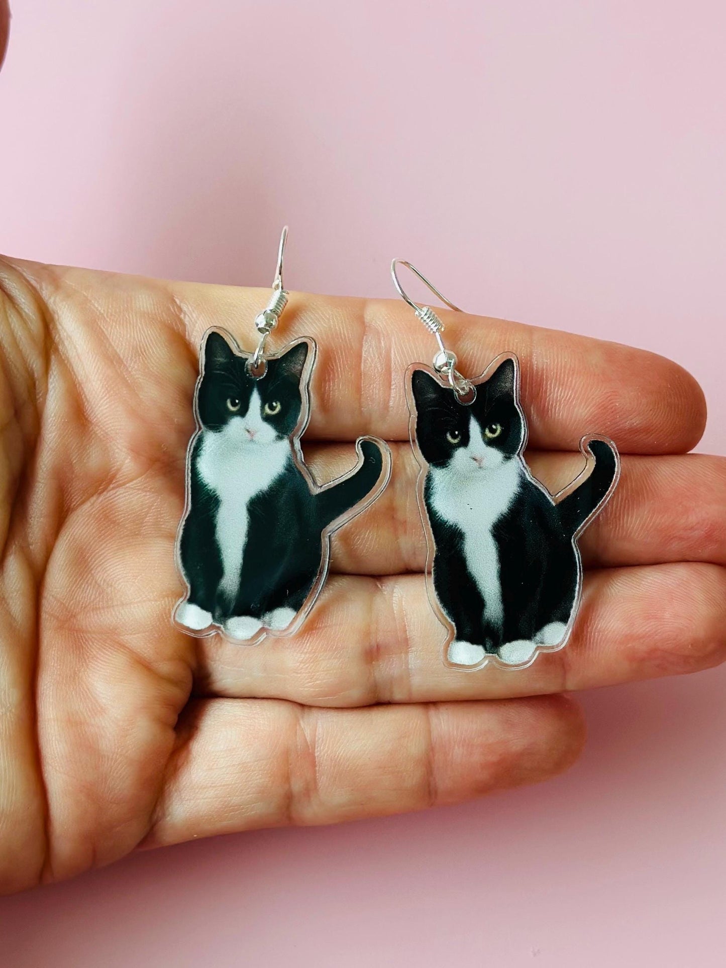 Cat Earrings Black and White Cat Acrylic Pendant Persian Cat Lover Crazy Cat Lady Gift Cat Lover Jewelry Cat Mom Earrings Cat Jewelry Black
