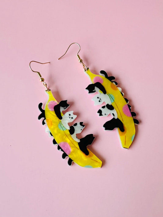 Cat Earrings Black Cat Banana Cat Crazy Cat Lady Gift Cat Jewelry Cat Mom Earrings Cat Lover Fun Earrings Novelty Earrings Crazy Earrings