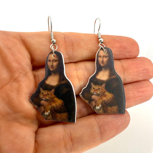 Cat Earrings Acrylic Pendant Mona Cat Lover Crazy Cat Lady Gift Cat Jewelry Cat Mom Earrings Cat Lisa Playful Earring Quirky Earring Funny