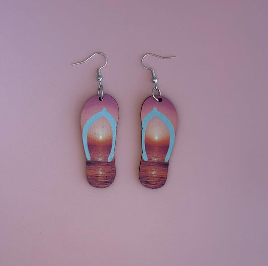 Summer Earrings Vacation Earring Tropical Beach Sunset Flip Flop Wooden Earring for Summer Vacation Jewelry Beach Theme Sunset Motif Seaside
