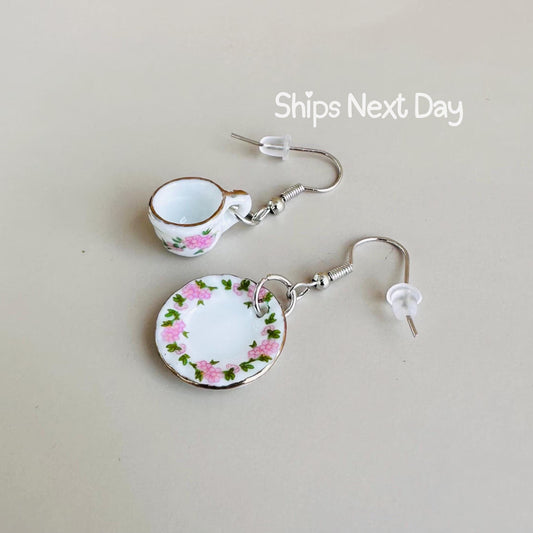 Ceramic Earrings Valentines Day Gift Vintage China Miniature Coffee Cup and Plate Dangle Earrings Tea Cup and Saucer Miniatures Earrings