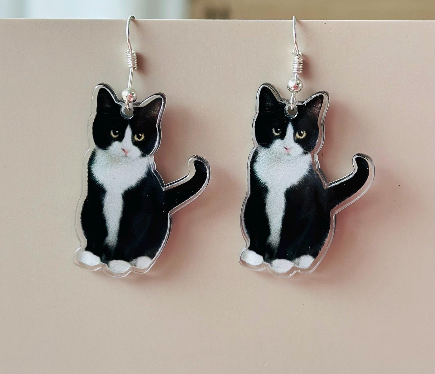 Cat Earrings Black and White Cat Acrylic Pendant Persian Cat Lover Crazy Cat Lady Gift Cat Lover Jewelry Cat Mom Earrings Cat Jewelry Black