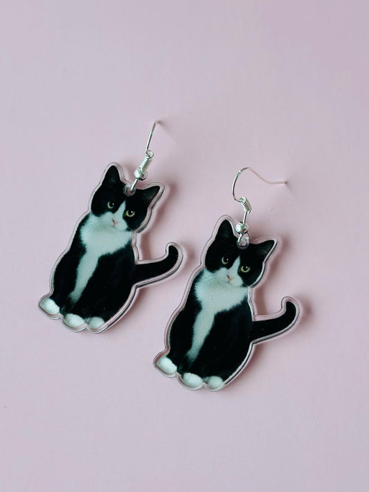 Cat Earrings Black and White Cat Acrylic Pendant Persian Cat Lover Crazy Cat Lady Gift Cat Lover Jewelry Cat Mom Earrings Cat Jewelry Black