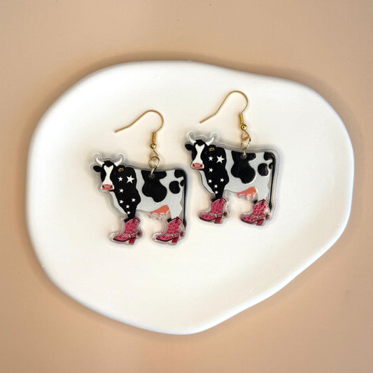 Cowgirl Earring Cowboy Earrings Silly Cow Cowboy Boots Jewelry Cowgirl Theme Earring Funny Cow Cowboy Theme Western Theme Novelty Earrings