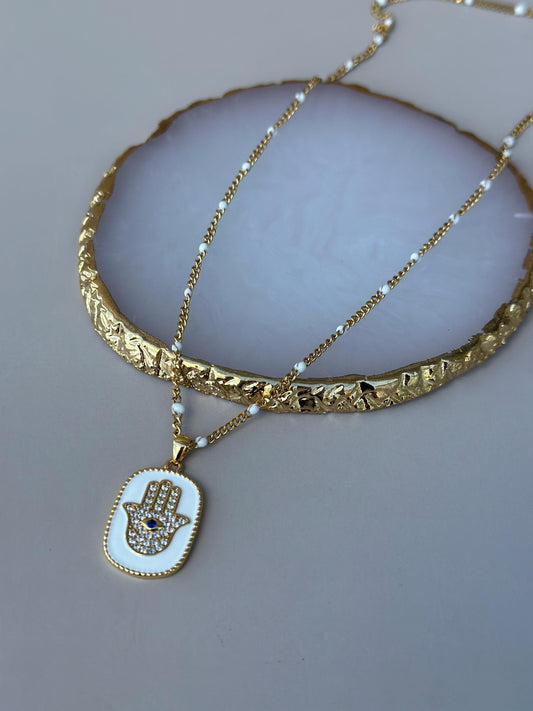 Hamsa White Enamel Jewish Necklace