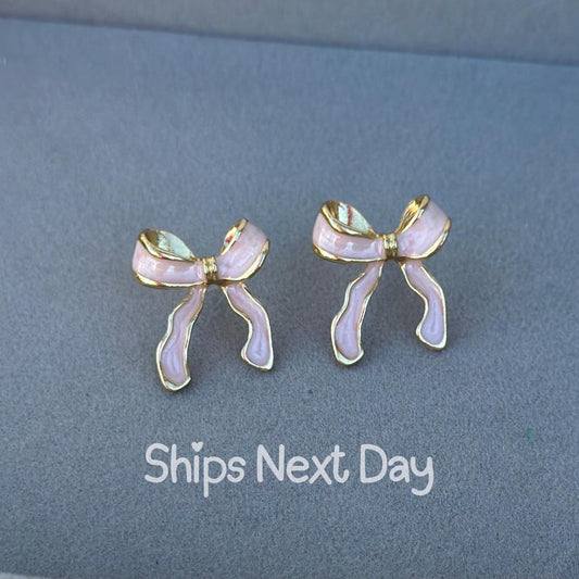 Pink Bow Earrings Valentines Day Gift for Girlfriend Pink Bow Coquette Earrings Pink Enamel Bow Jewelry for Girls Cute Bow Stud Candy Color