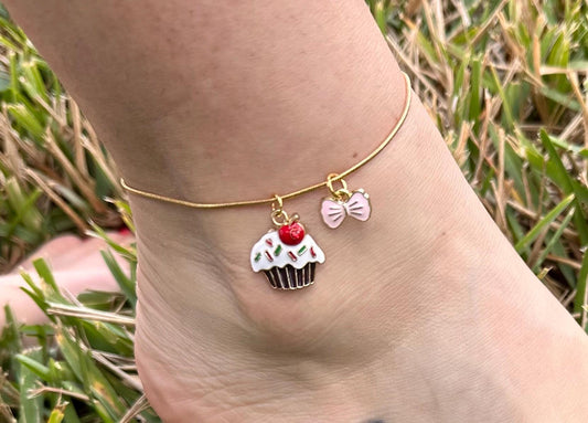 Cute Anklet Pink Bow Anklet Valentines Day Gift for Girlfriend Adjustable Anklet Cupcake Anklet Bow and Jewelry Golden Anklet Coquette Bow