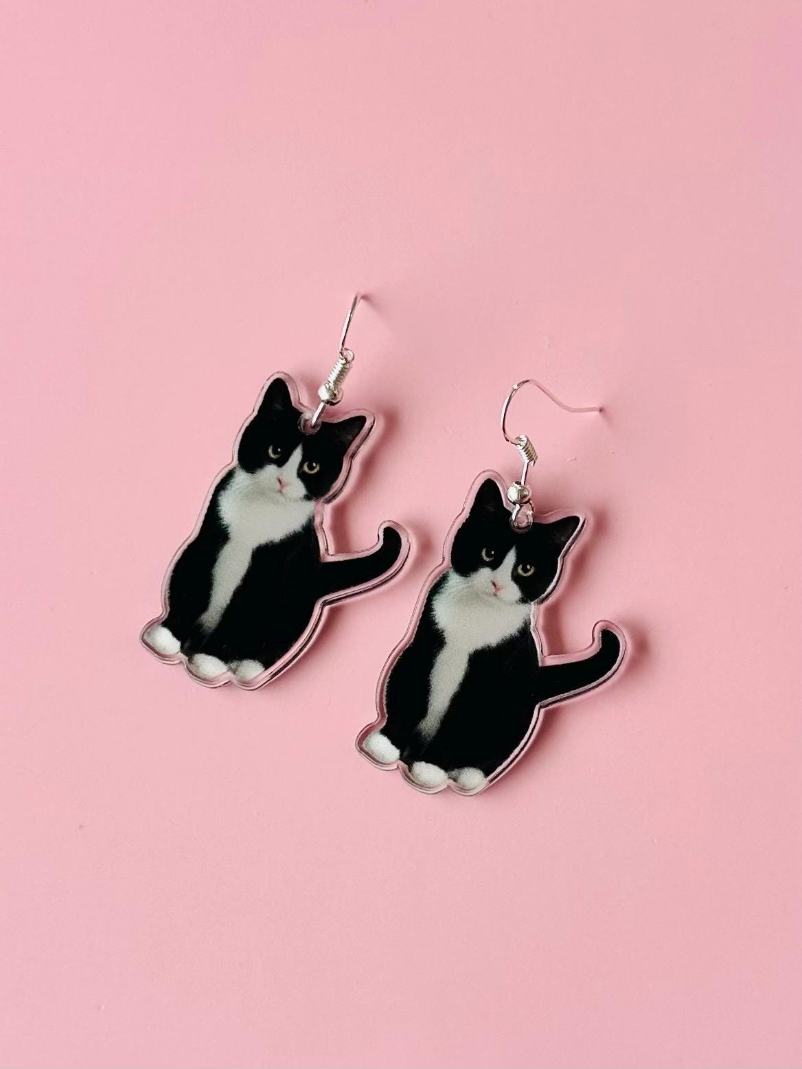 Cat Earrings Black and White Cat Acrylic Pendant Persian Cat Lover Crazy Cat Lady Gift Cat Lover Jewelry Cat Mom Earrings Cat Jewelry Black