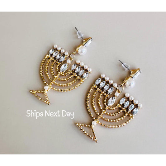 Hanukkah Earrings Pearl Menorah