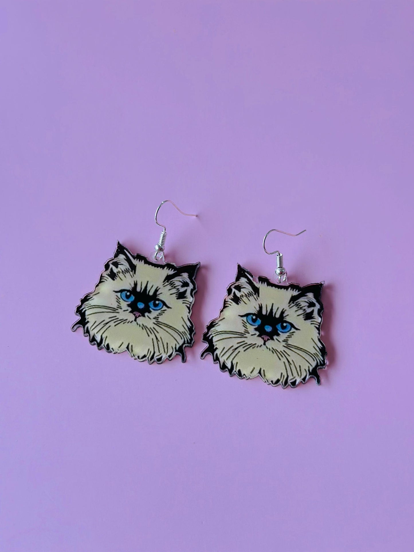 Cat Earrings Black and White Cat Acrylic Pendant Persian Cat Lover Crazy Cat Lady Gift Cat Lover Jewelry Cat Mom Earrings Cat Jewelry Black