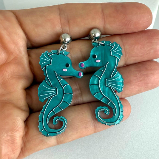 Seahorse Earrings for Mother's Day Blue Fish Boho Chic Earring Seahorse Jewelry Seaside Jewelry Fish Crustacean Shellfish Crawfish Seafood